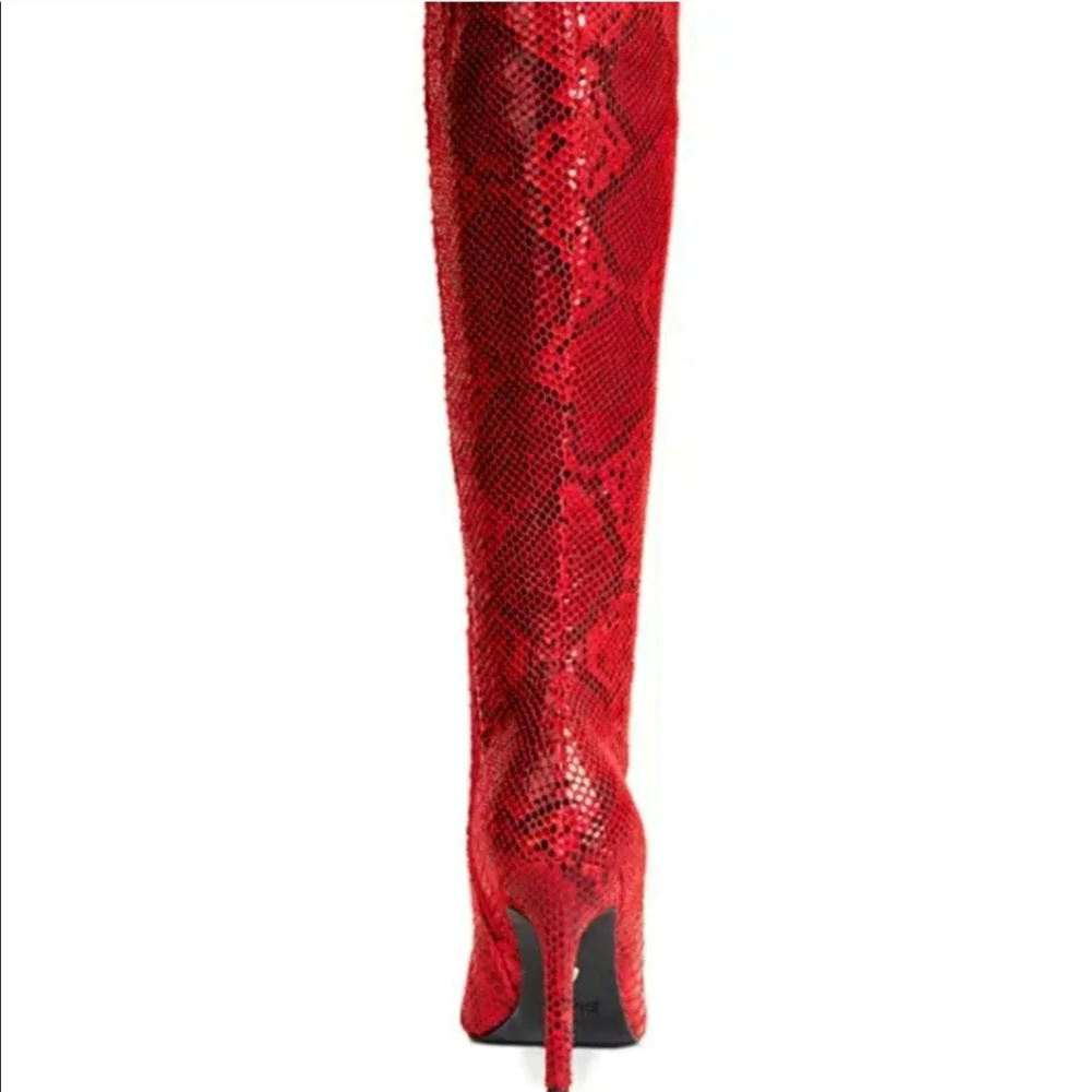 NWT Christmas Red Snakeskin Knee High Leather Boots - Picture 13 of 16